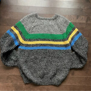 Crewneck Knit Sweater with Green, Yellow & Blue Stripes